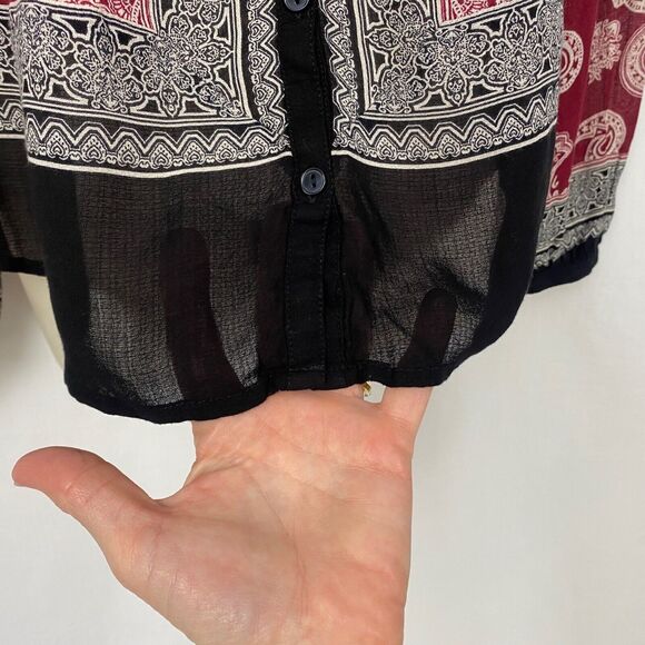 Lucky Brand Tunic Top Womens Small Boho Paisley Button Down Smocked Semi Sheer - Picture 5 of 10